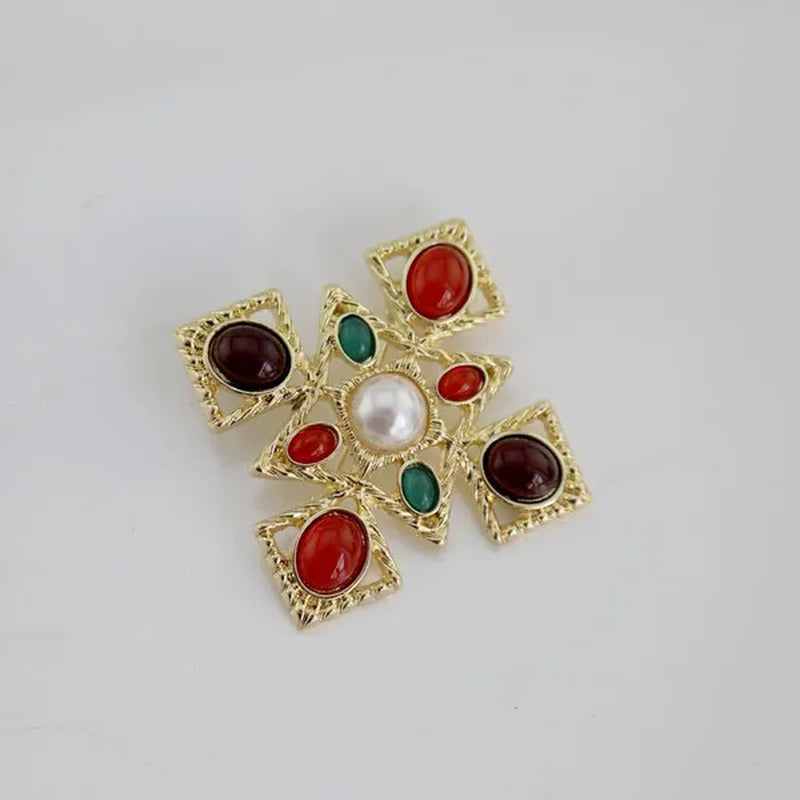 Antique Roman Engraved Baroque Byzantine Style Pearl Ruby Retro Brooches for Cor