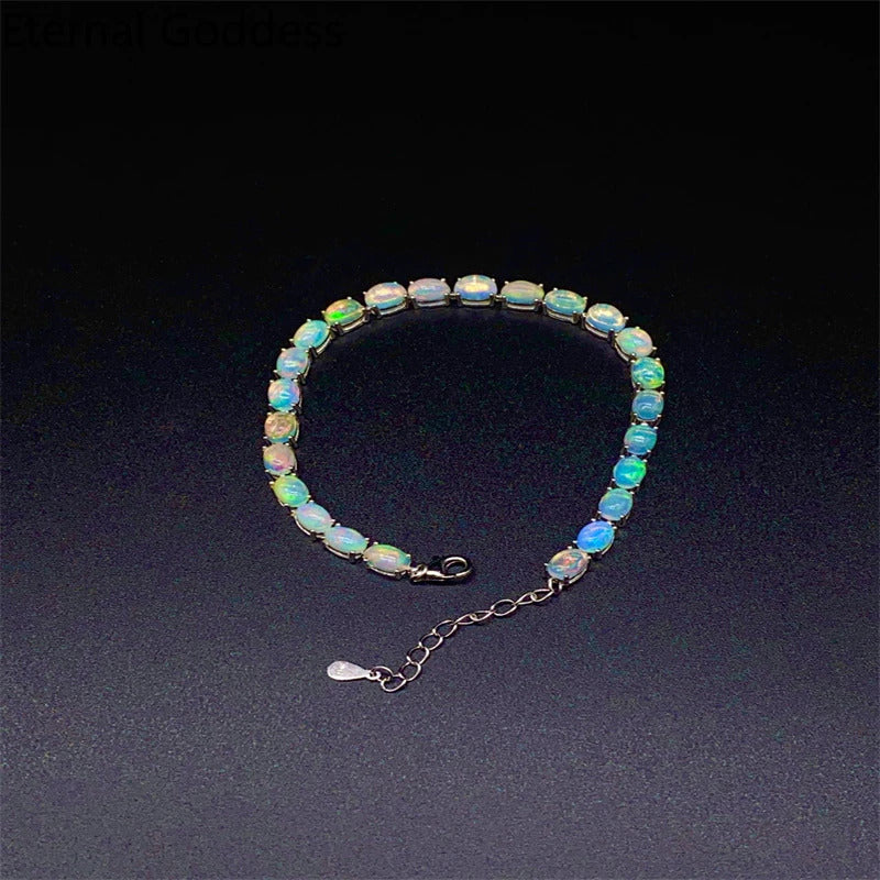 925 Sterling Silver Natural Opal Simple Bracelet Colorful Stone Bracelet Women'S