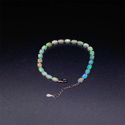 925 Sterling Silver Natural Opal Simple Bracelet Colorful Stone Bracelet Women'S