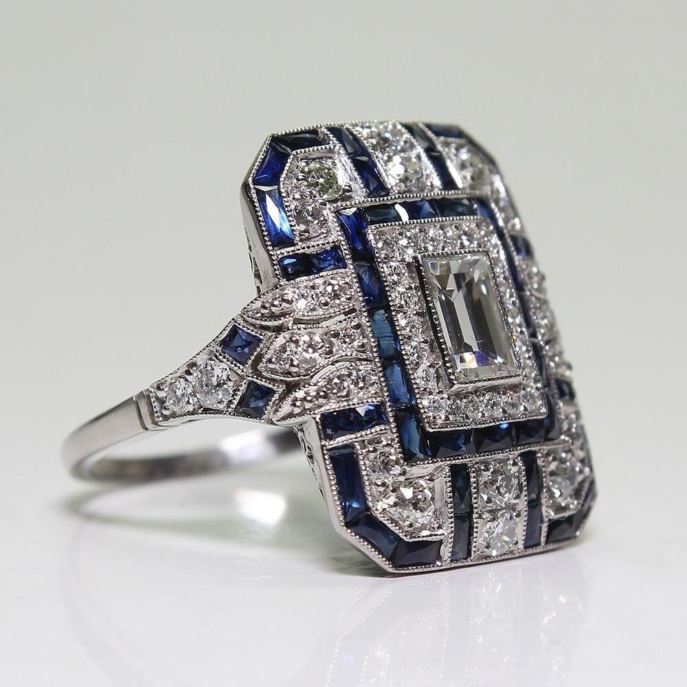 Antique Art Deco 925 Sterling Silver Sapphire Diamond Ring