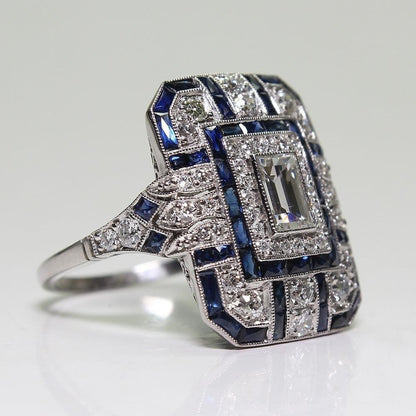 Antique Art Deco 925 Sterling Silver Sapphire Diamond Ring