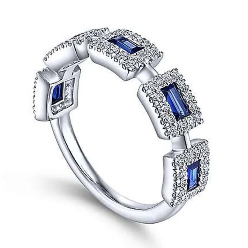 New Fashion 925 Solid Silver Pave Setting Diamond Blue Sapphire Rings for Women