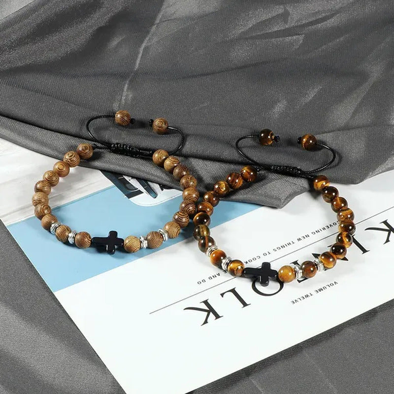 Handmade Natural Stone Wooden Beaded Bracelet Christian Jesus Cross Braided Brac