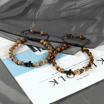 Handmade Natural Stone Wooden Beaded Bracelet Christian Jesus Cross Braided Brac