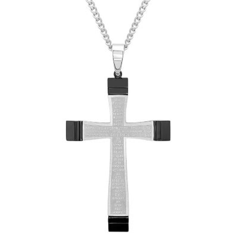 Men'S Stainless Steel with Black IP Plating Lord'S Prayer Cross Pendant