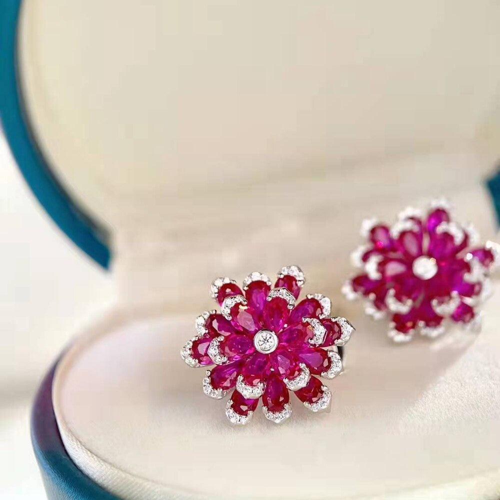 Luxury 100% 925 Sterling Silver Ruby High Carbon Diamonds Gemstone Flower Ear