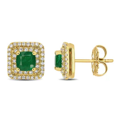 Allura Emerald and 0.36 CT. T.W. Diamond Halo Square Stud Earrings in 14K Yellow