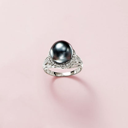 11-12Mm Black Cultured Tahitian Pearl Ring with .20 Ct. T.W. White Topaz in Ster