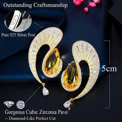 CANDICE Gorgeous 18K Gold Plated Inlay Pear Cut Citrine Stone Big Geometric Stud