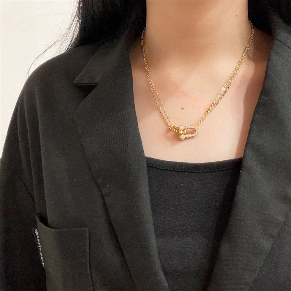 U-Shaped Horseshoe Buckle Gold Plated Diamond Necklace