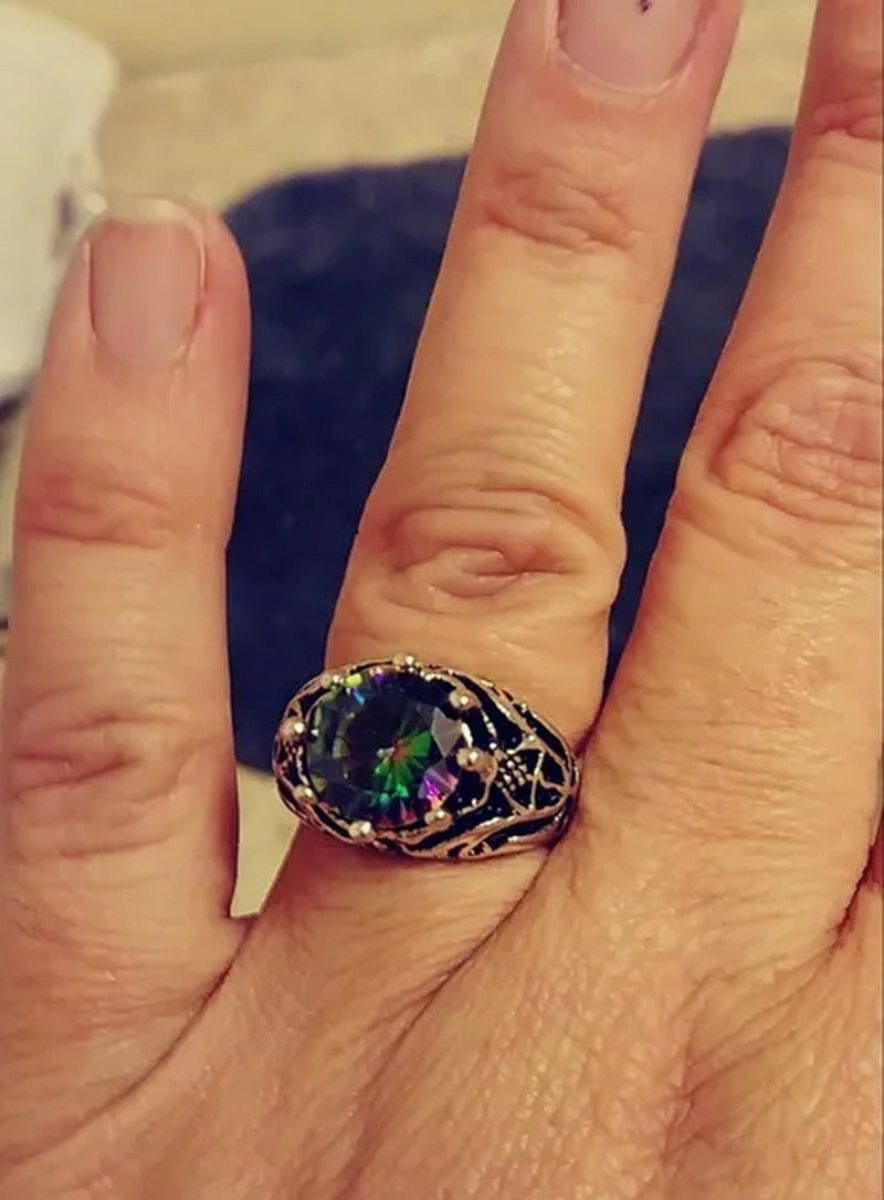 Vintage Women''S Jewelry 925 Sterling Silver Rings 1.76CT Mystic Rainbow Topaz D