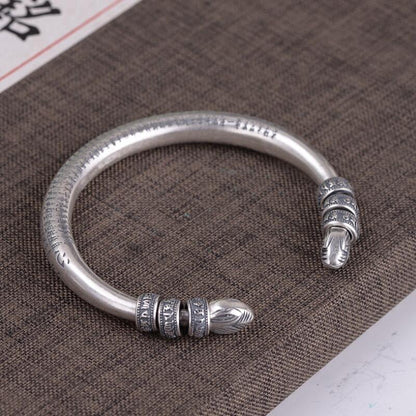 990 Sterling Silver Tibetan Six Words Mantra Bangle for Men and Women Buddhist H
