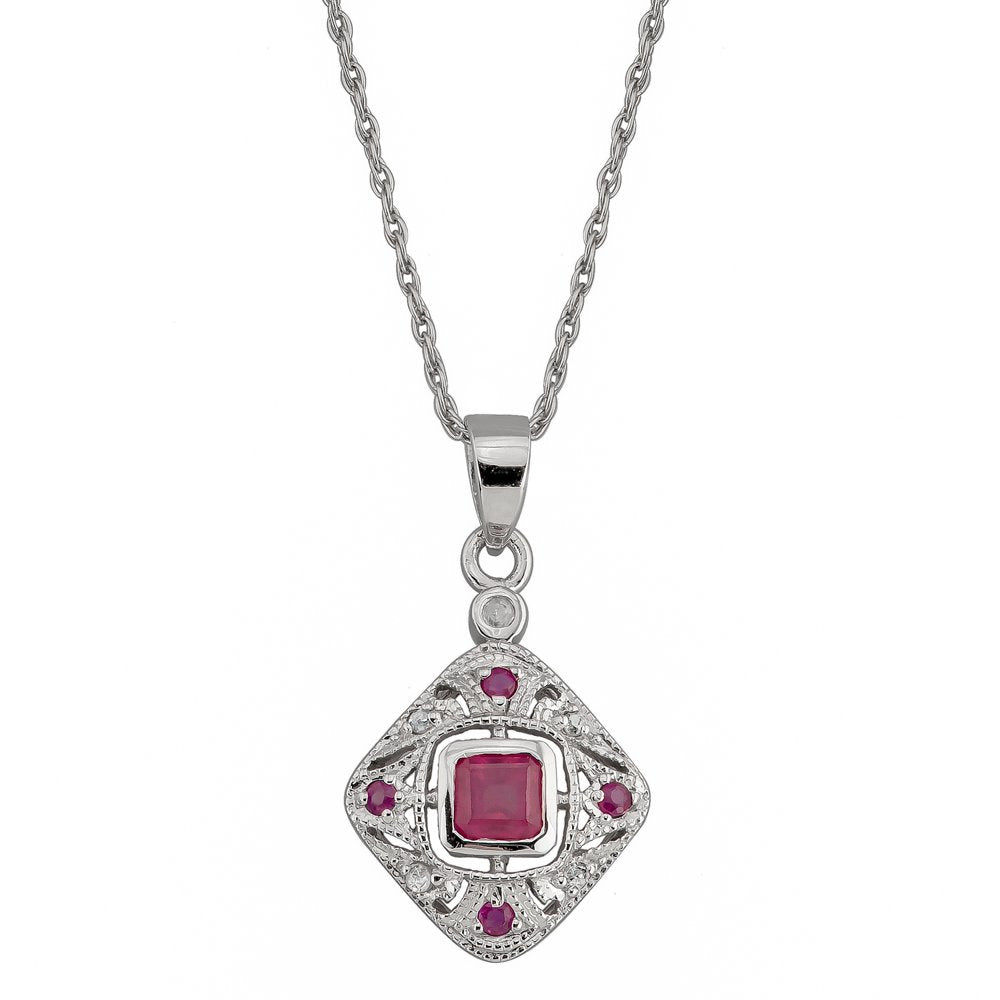 10K White Gold Vintage Style Ruby and Diamond Pendant Necklace