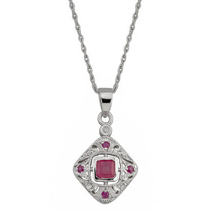 10K White Gold Vintage Style Ruby and Diamond Pendant Necklace