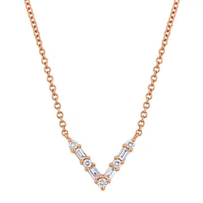 0.13 CT. T.W. Baguette and Round-Cut Diamond "V" Shape Necklace in 14K Rose Gold