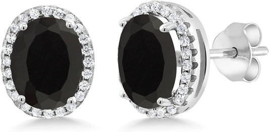 925 Sterling Silver Black Onyx Halo Earrings for Women (4.48 Cttw, Gemstone Birt