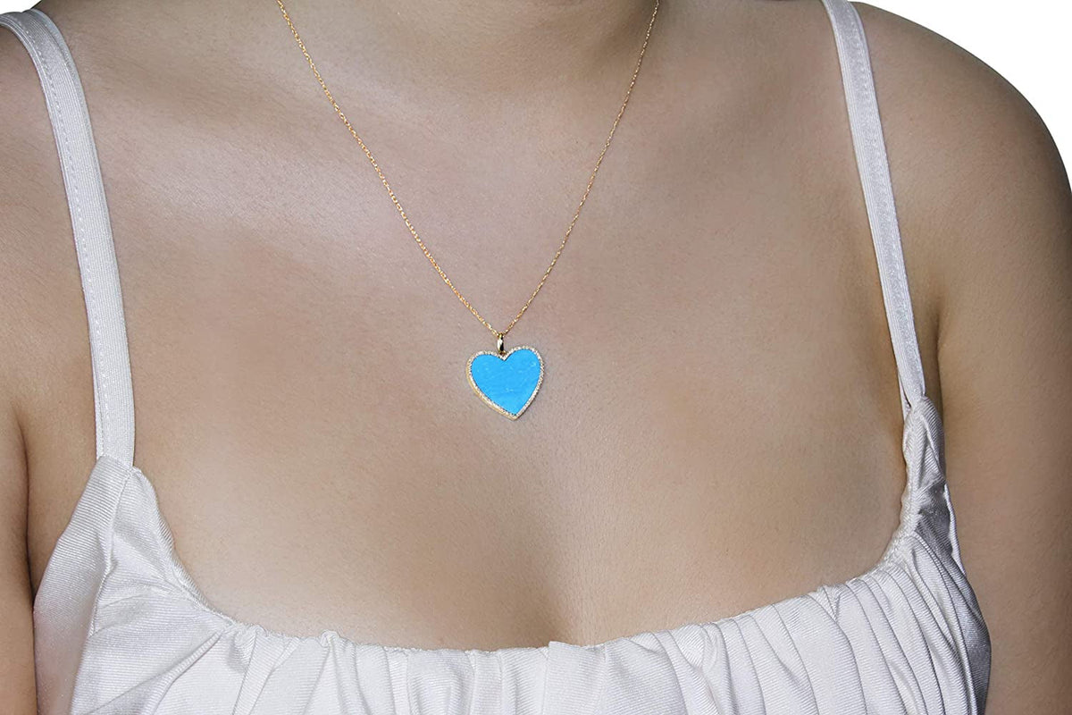 1/6 Carat Diamond and Turquoise or Blue Lapis Heart Pendant Necklace for Women i