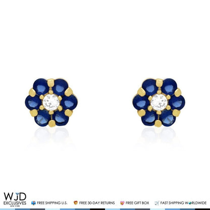 14K Yellow Gold Diamond and Sapphire Flower Screwback Stud Earrings 0.70Ct
