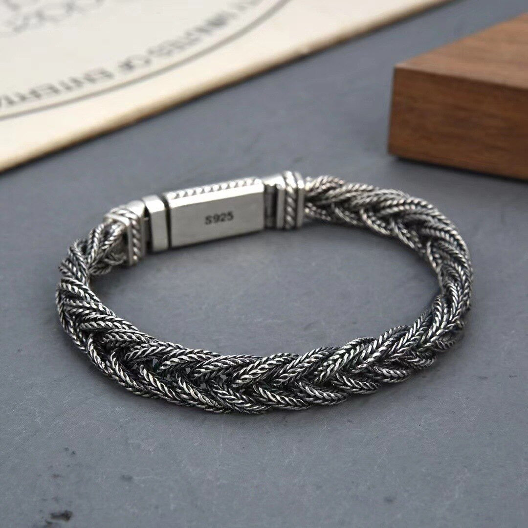 Real S925 Silver Jewelry Retro Heavy Industry Pure Handmade Woven Twist Bracelet