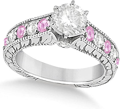 Women'S Antique Diamond and Pink Sapphire Bridal Ring Set in Palladium (3.87Ct)
