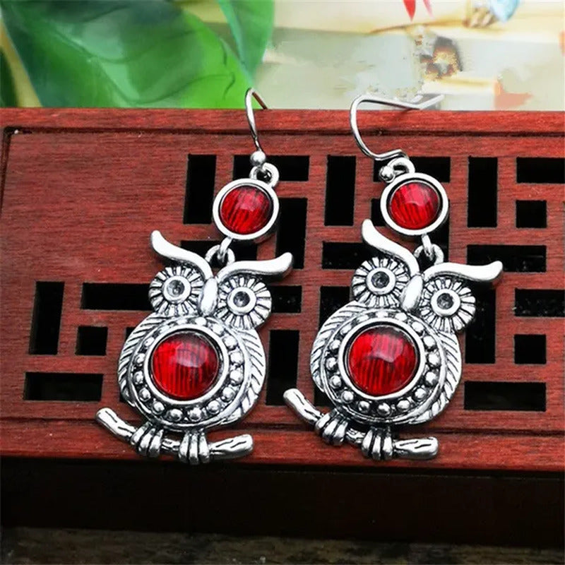Retro Tibetan Silver Natural Ruby Sapphire Inlay Owl Ear Hook Dangle Earrings Gi