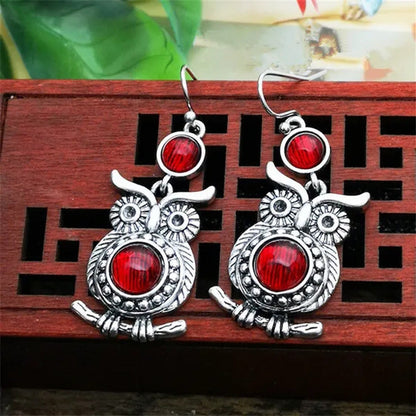 Retro Tibetan Silver Natural Ruby Sapphire Inlay Owl Ear Hook Dangle Earrings Gi