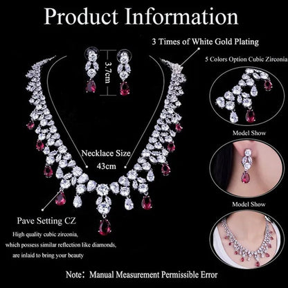 Gloriya Luxury Wedding Bridal Party Jewelry Set for Women White Gold Plated Ruby