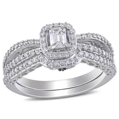 Allura 0.68 CT. T.W. Emerald and Round-Cut Diamond Bridal Set in 14K White Gold