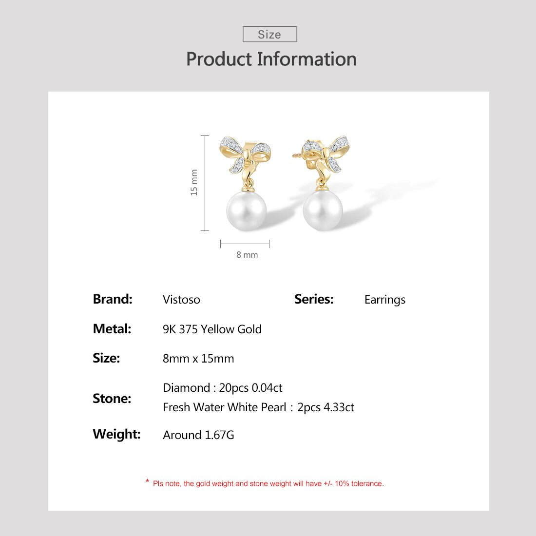 9K 375 Yellow Gold Earrings for Women Fresh Water White Pearl Diamond Earrings