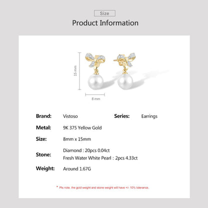 9K 375 Yellow Gold Earrings for Women Fresh Water White Pearl Diamond Earrings