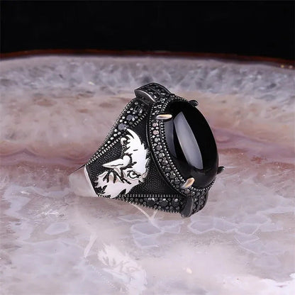 High Quality Men'S Business Ring, Antique Silver Inlaid Black Gemstone and Ruby