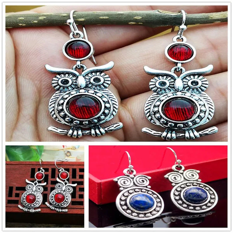 Retro Tibetan Silver Natural Ruby Sapphire Inlay Owl Ear Hook Dangle Earrings Gi