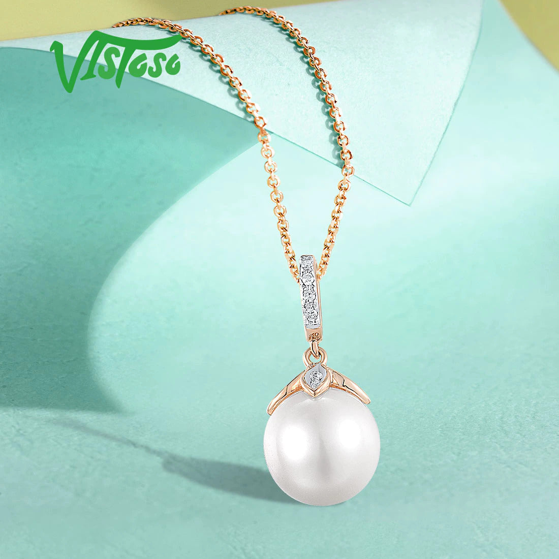 Authentic14K 585 Rose Gold Pendant for Women Sparkling Diamond Fresh Water White