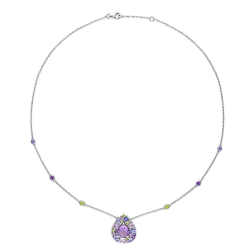 Tanzanite, Rose De France Peridot and Amethyst Station Mosaic Necklace in Sterli