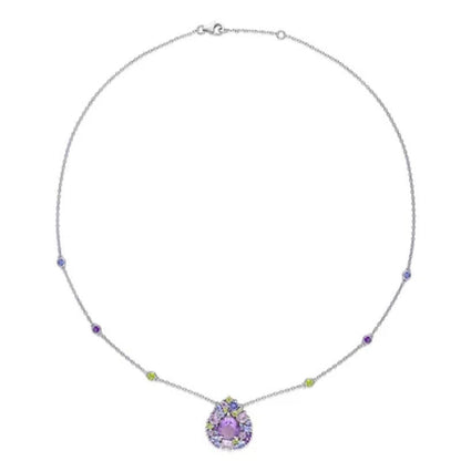 Tanzanite, Rose De France Peridot and Amethyst Station Mosaic Necklace in Sterli