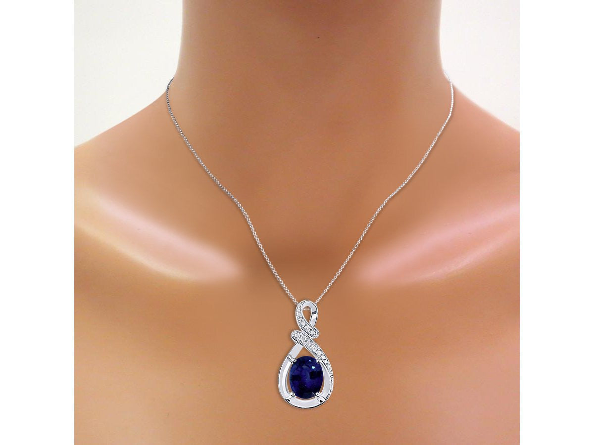 Diamond & Blue Sapphire Pendant Necklace in 14K White Gold with 18" Gold Chain -