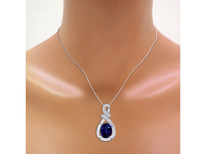 Diamond & Blue Sapphire Pendant Necklace in 14K White Gold with 18" Gold Chain -