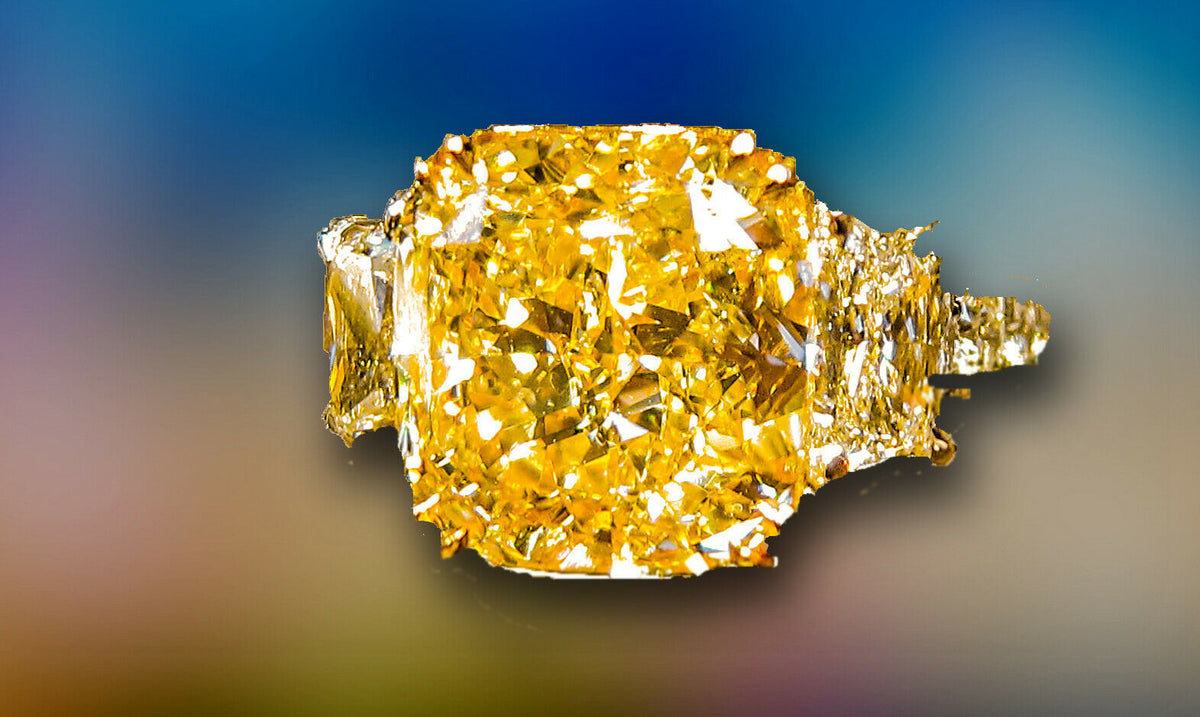 GIA FANCY YELLOW SI1 CUSHION DIAMOND RING SET TRAPEZOID ENGAMENT RING