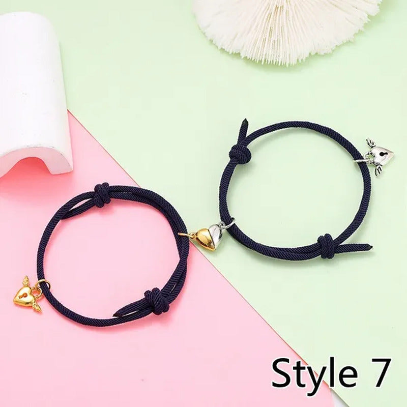 2Pcs Magnetic Bracelet Stainless Steel Heart Pendant Charm Couple Bracelets for