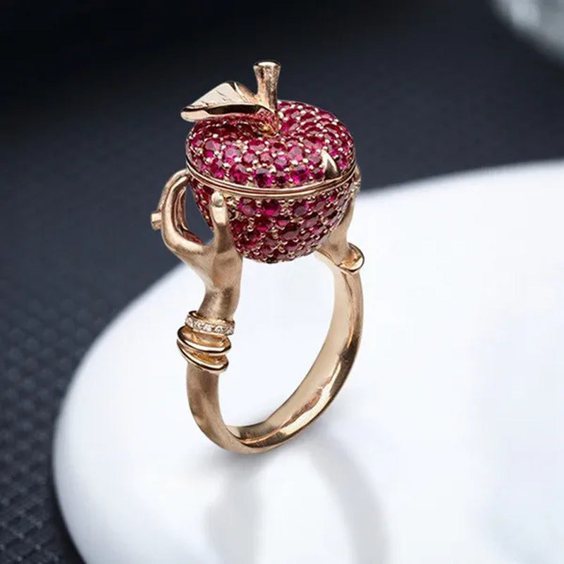 Luxury Crystal Apple Wedding Ring Unisex Punk Hip Hop Secret Compartment Rings f