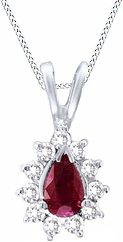 Pear Simulated Ruby & Natural Diamond Sunburst Frame Pendant 14K Solid Gold