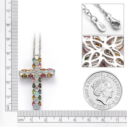 Real 925 Sterling Silver Cross Pendant for Women Natural Opal Tourmaline Mixed