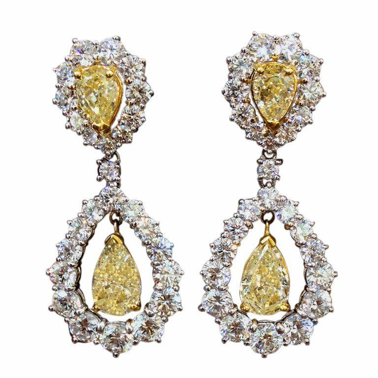 CERTIFIED FANCY YELLOW DIAMOND DANGLE NATURAL PEAR SHAPE DIAMOND EARRING DNAGLE
