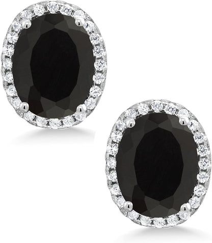 925 Sterling Silver Black Onyx Halo Earrings for Women (4.48 Cttw, Gemstone Birt