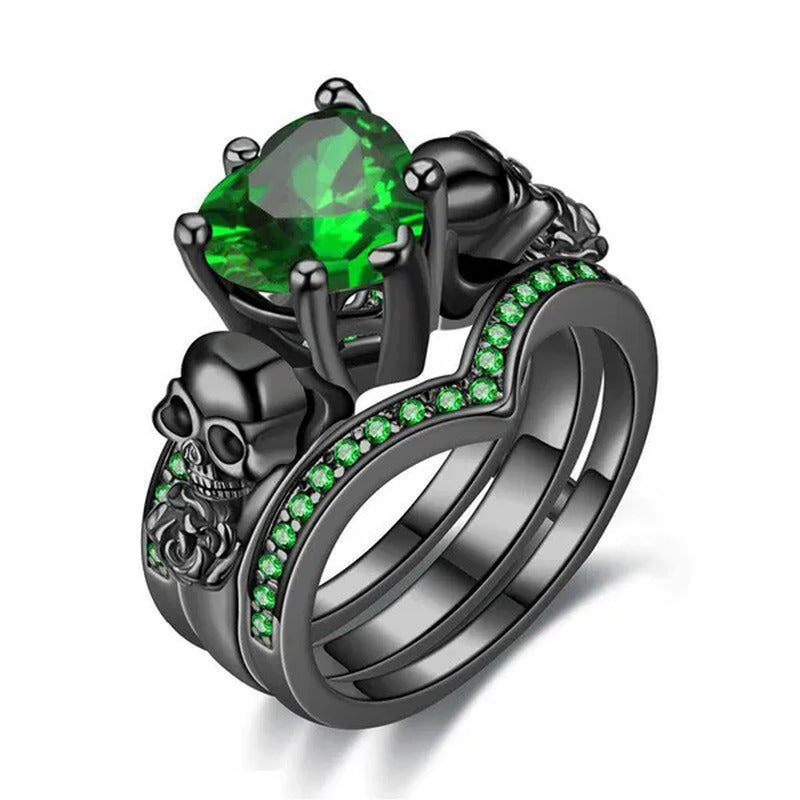 Gothic Skull Finger Black Female Wedding Rings Set for Women Girl Red Heart Crys