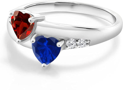 925 Sterling Silver Red Garnet and Blue Created Sapphire and Lab Grown Diamond W