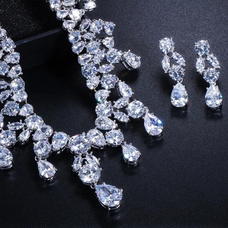 CANDICE Gorgeous Multi Cut CZ Diamond Water Drop Tassel Necklace Earrings Set Hi