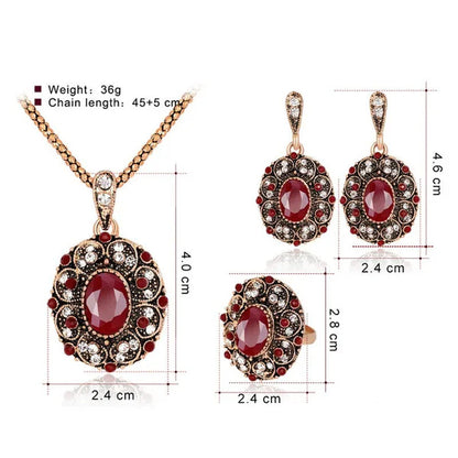 Retro Series Necklace Set Ancient KC Gold Ruby Necklace Earrings Ring Set of Thr