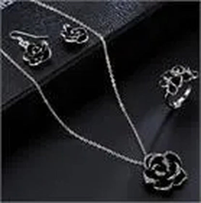 18K White Gold Plated Rhinestone Jewelry Sets Black Rose Flower Necklace Earring