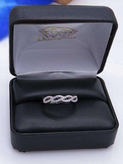 round Blue Sapphire & White Diamond Crisscross Stackable Wedding Band for Women